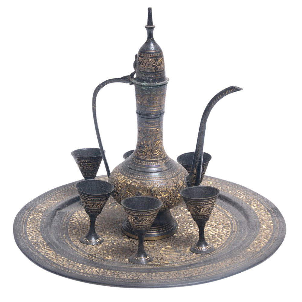 Indo Persian Brass Etched Wine Set