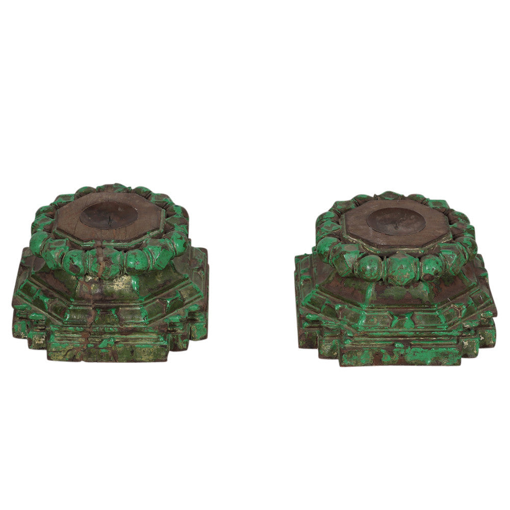 Aged Green Architectural Candleholders, Pair