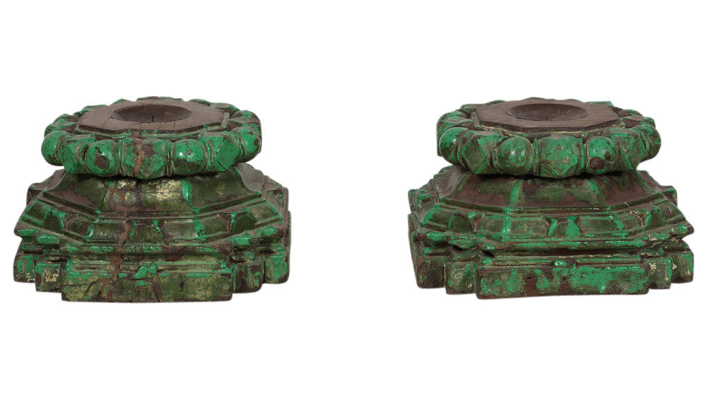 Aged Green Architectural Candleholders, Pair