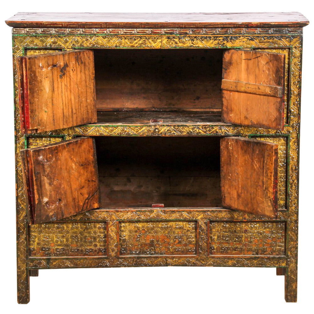 Yellow Lacquered Tibetan Monaster Cabinet