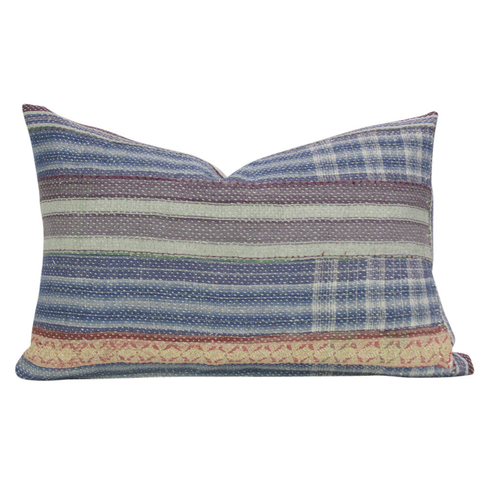 Blue Plaid Bengal Kantha Lumbar Pillow