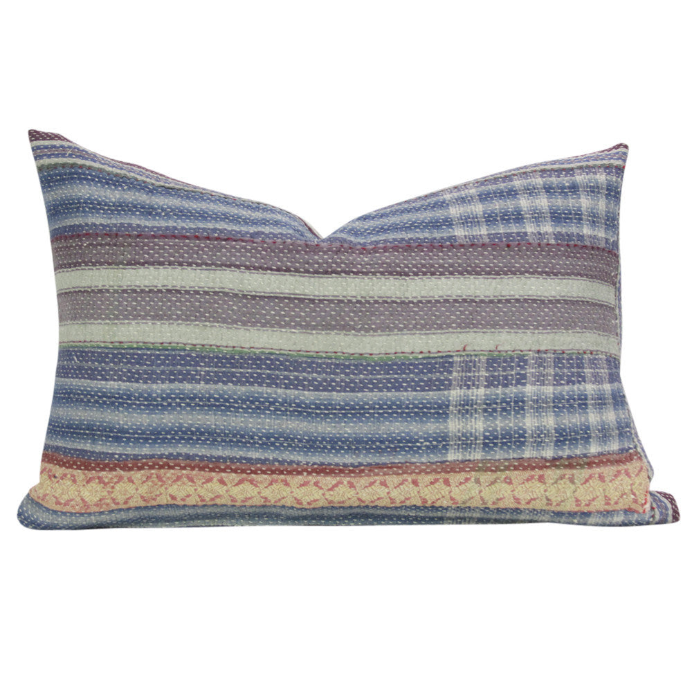 Blue Plaid Bengal Kantha Lumbar Pillow