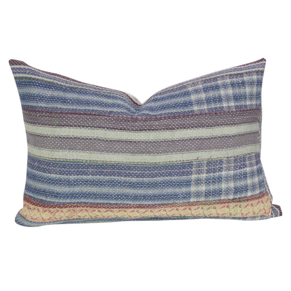 Blue Plaid Bengal Kantha Lumbar Pillow