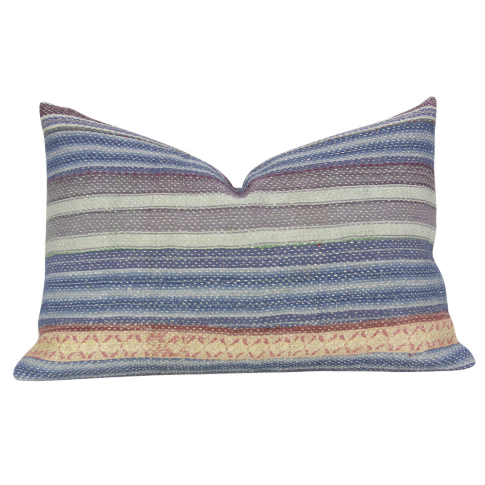 Blue Striped Bengal Kantha Lumbar Pillow