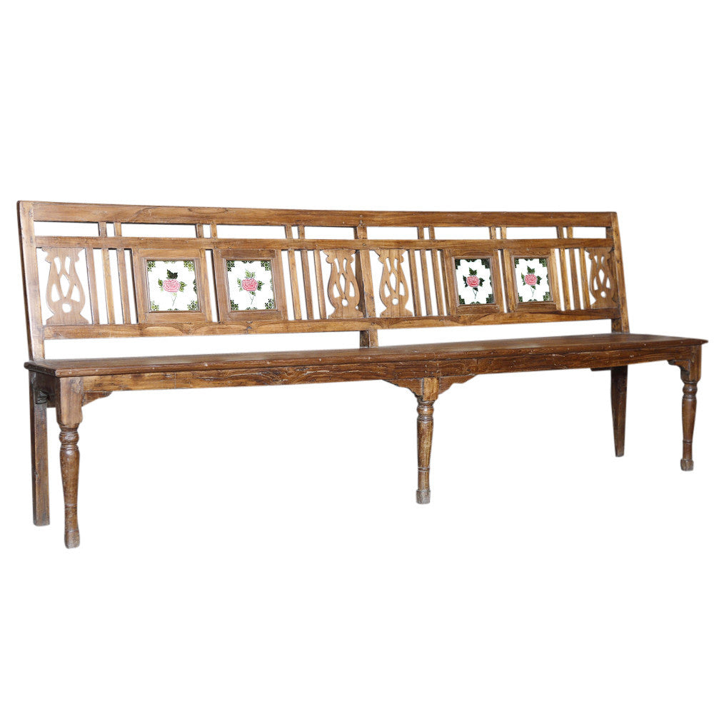 British Colonial Teak Rose Tile Bench