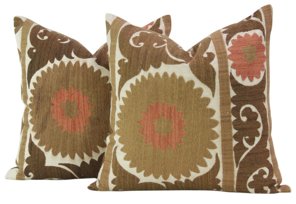 Brown Suzani Square Pillow, Pair