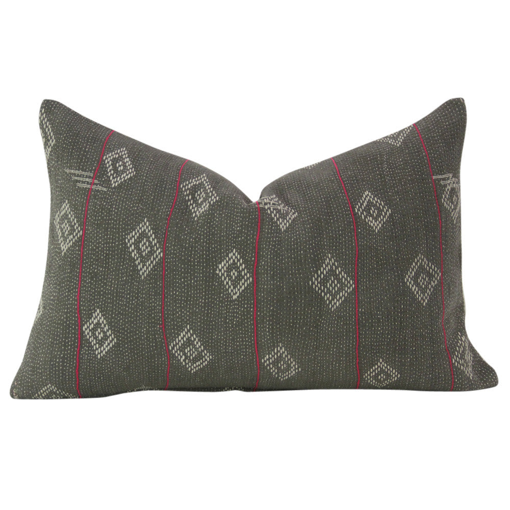 Charcoal Bengal Kantha Lumbar Pillow, Pair