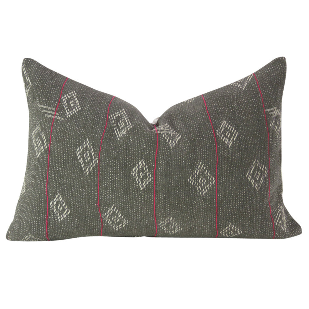Charcoal Bengal Kantha Lumbar Pillow, Pair