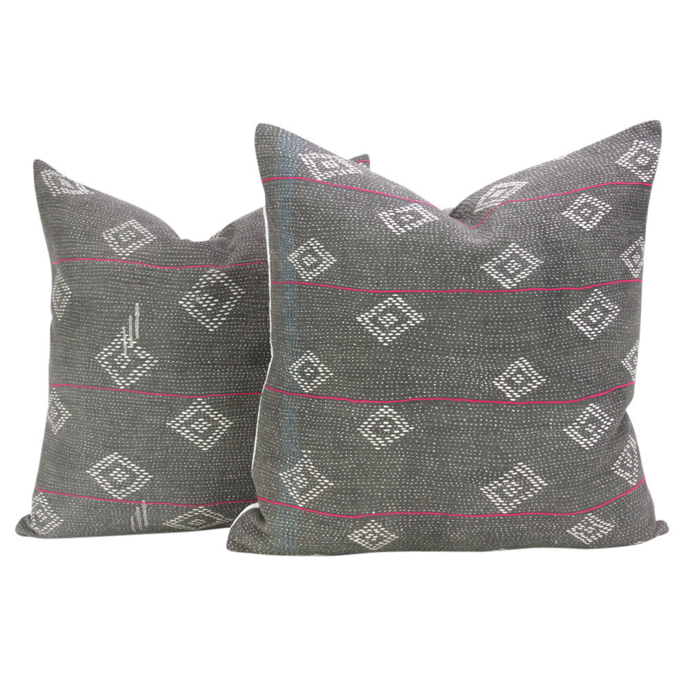 Charcoal Bengal Kantha Pillow, Pair