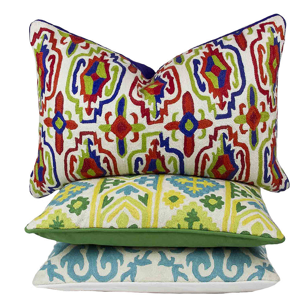 Turquoise Crewel Embroidered Pillow