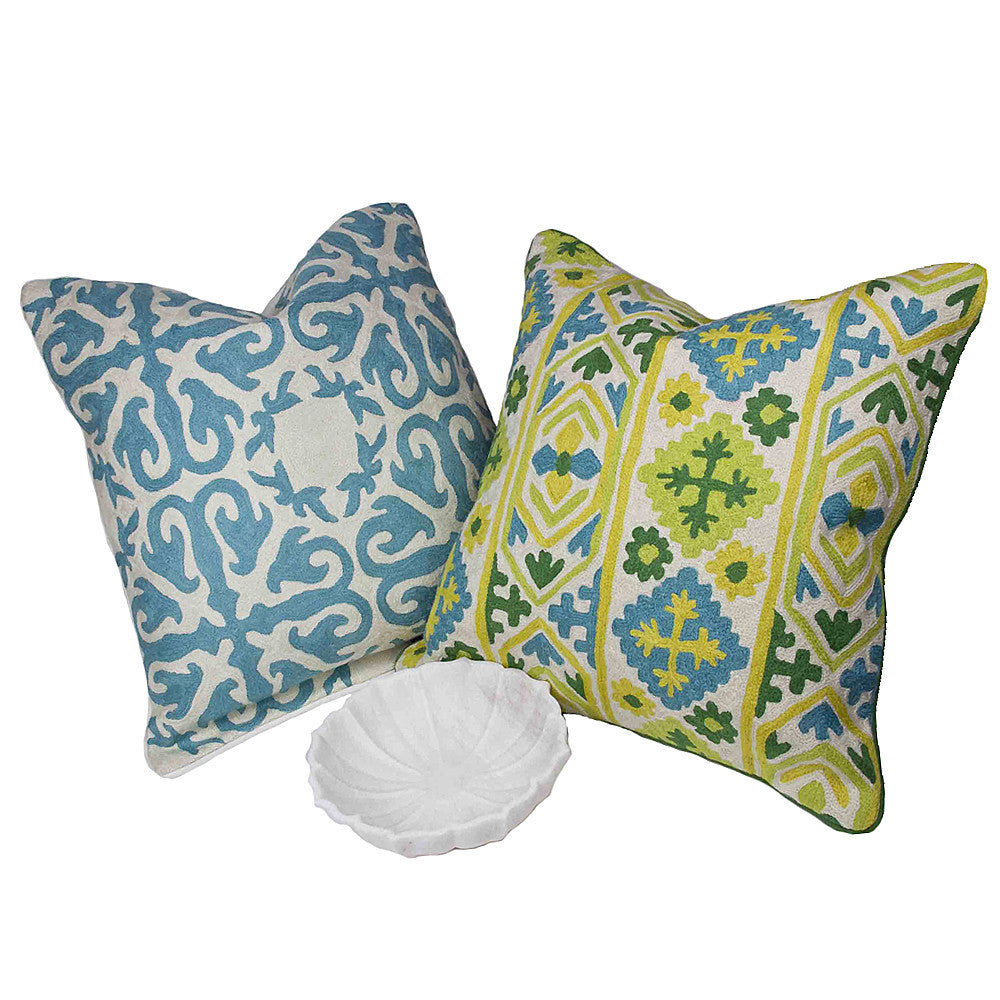 Turquoise Crewel Embroidered Pillow
