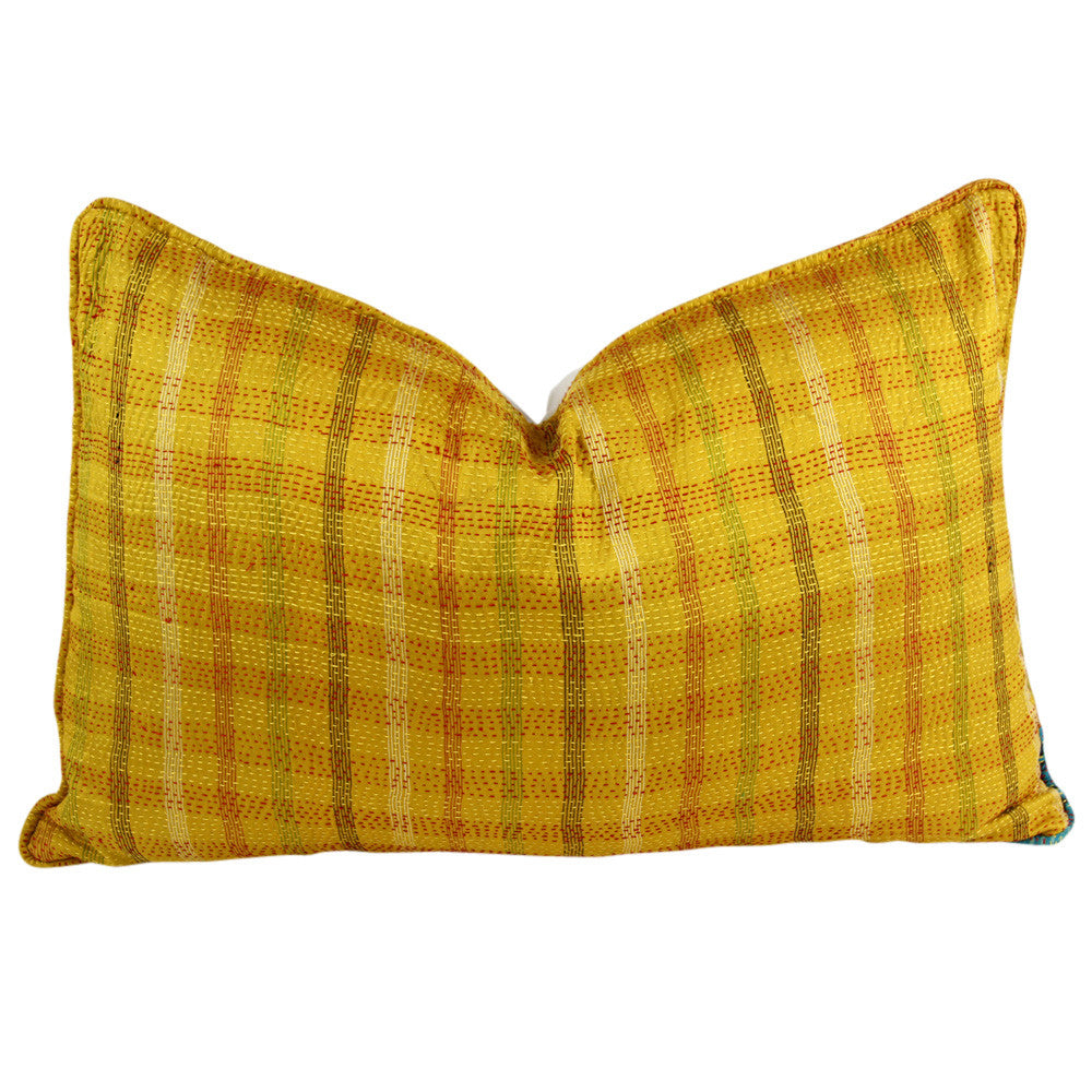 Golden Plaid Silk Kantha Pillow III