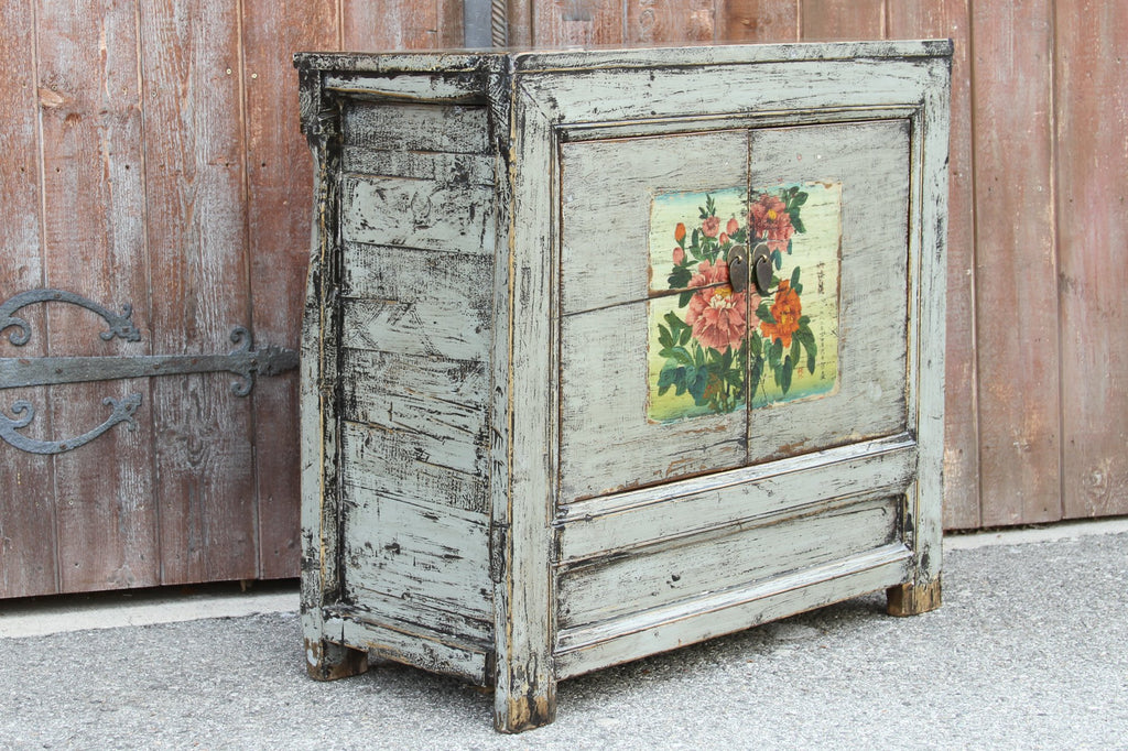 Lacquered Slate Tansu Floral Cabinet