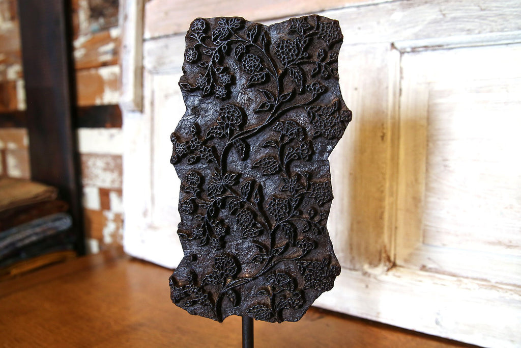 Foliage Carved Block Print on Metal Stand