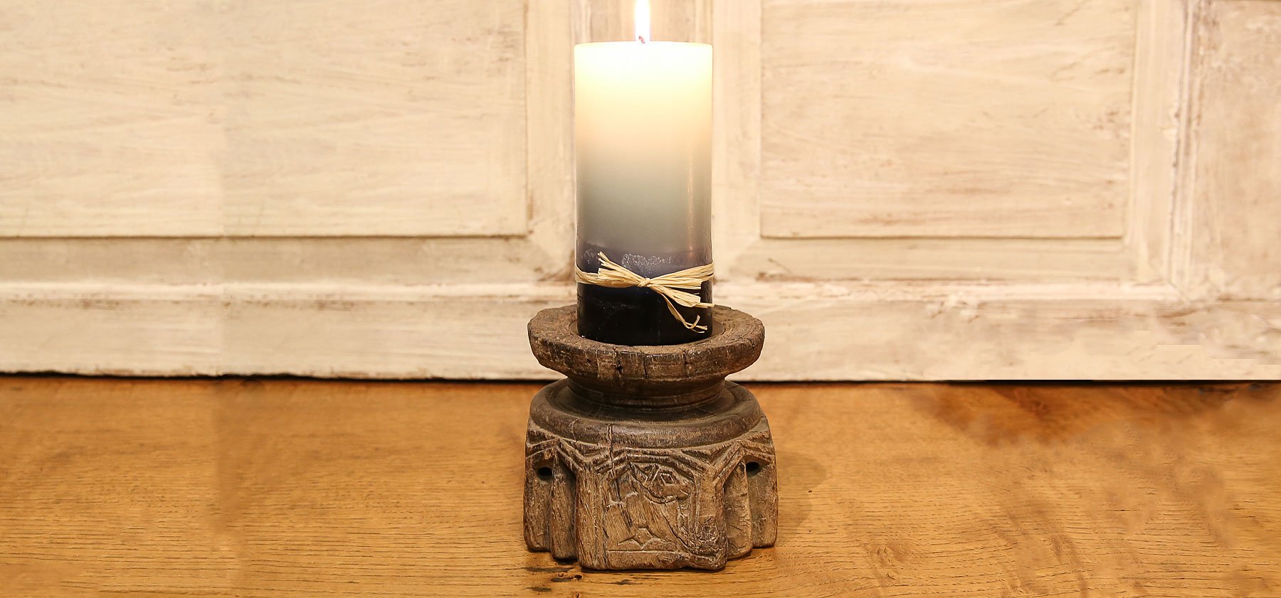 Aged Carved Bijani Candleholder