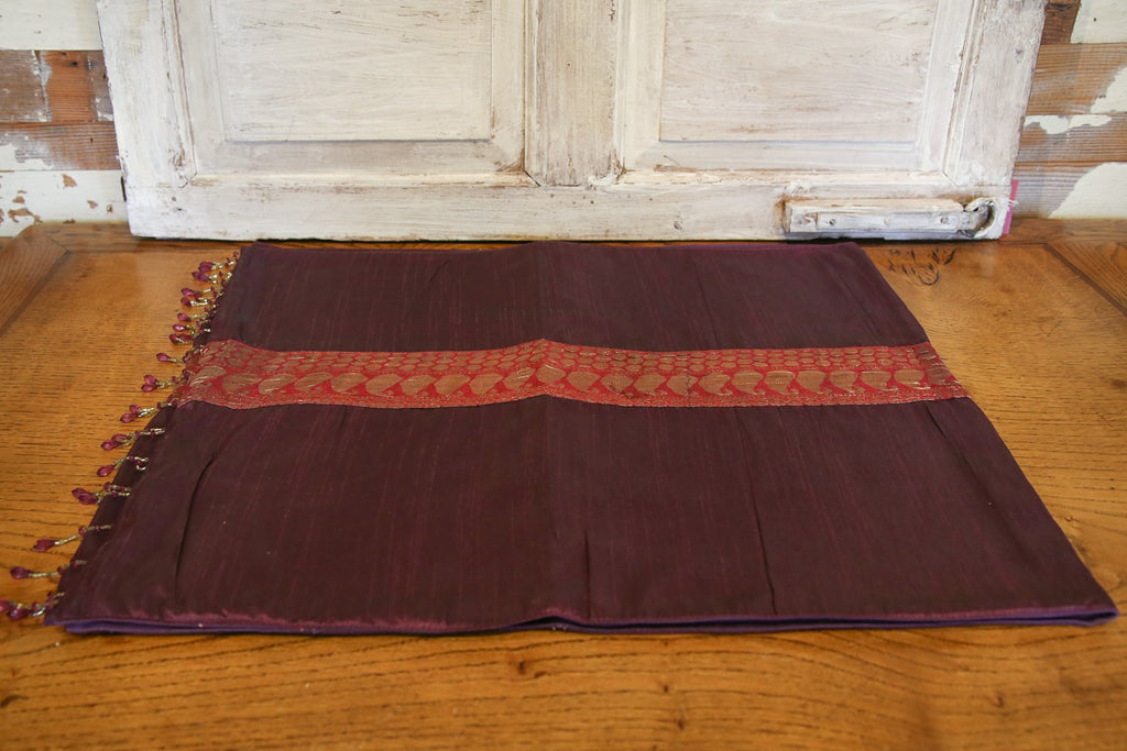 Gold Border Plum Beaded Heritage Silk Runner