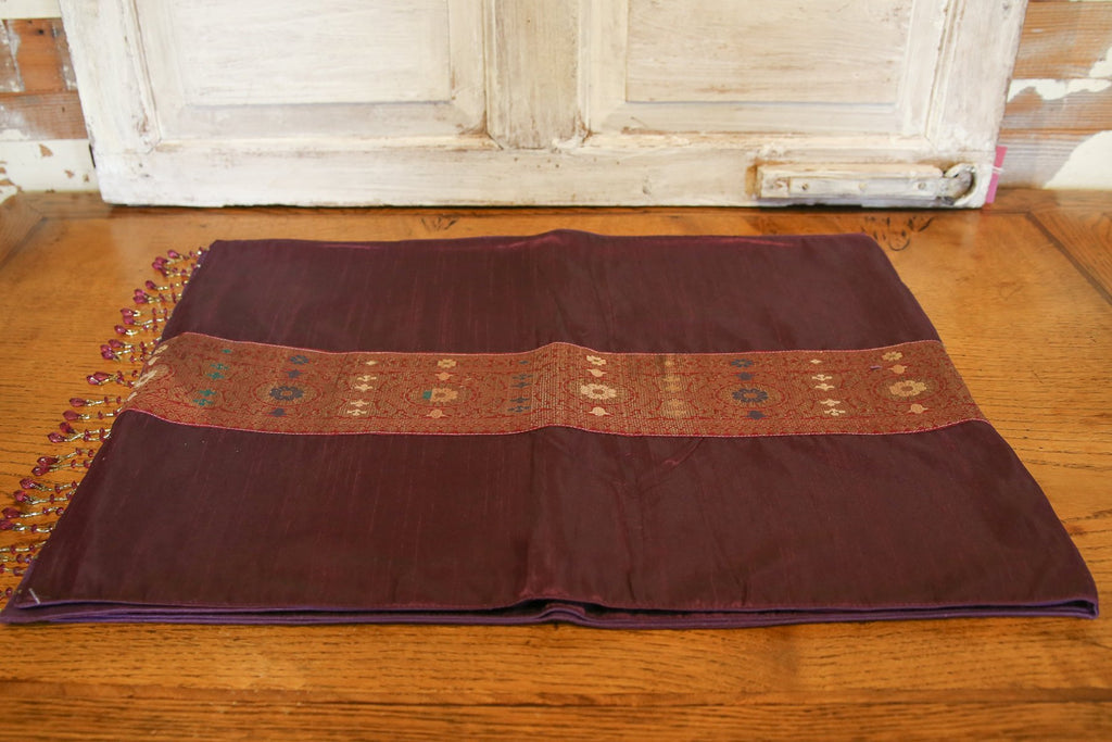 Golden Border Plum Beaded Heritage Silk Runner