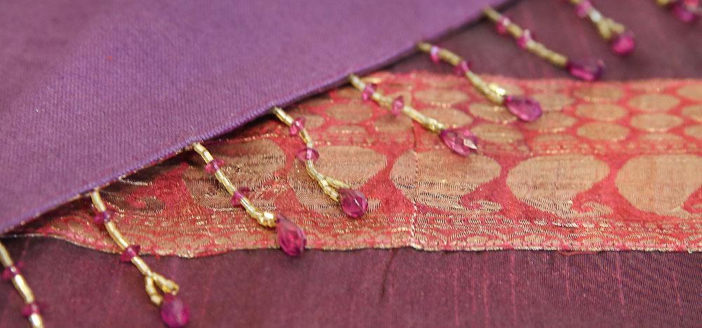 Gold Border Plum Beaded Heritage Silk Runner