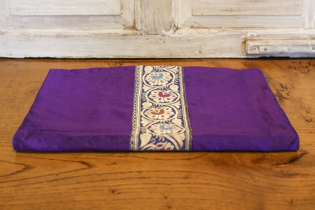 Golden Floral Striped Purple Beaded Heritage Silk Runner