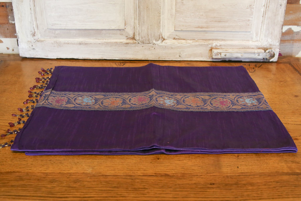 Golden Floral Striped Purple Beaded Heritage Silk Runner