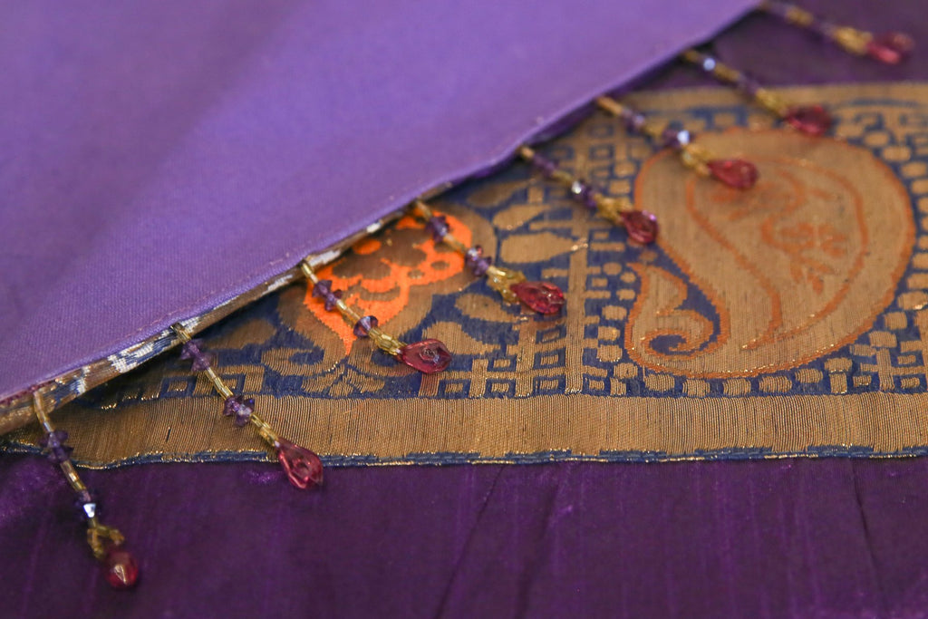 Golden Paisley Striped Purple Beaded Heritage Silk Runner
