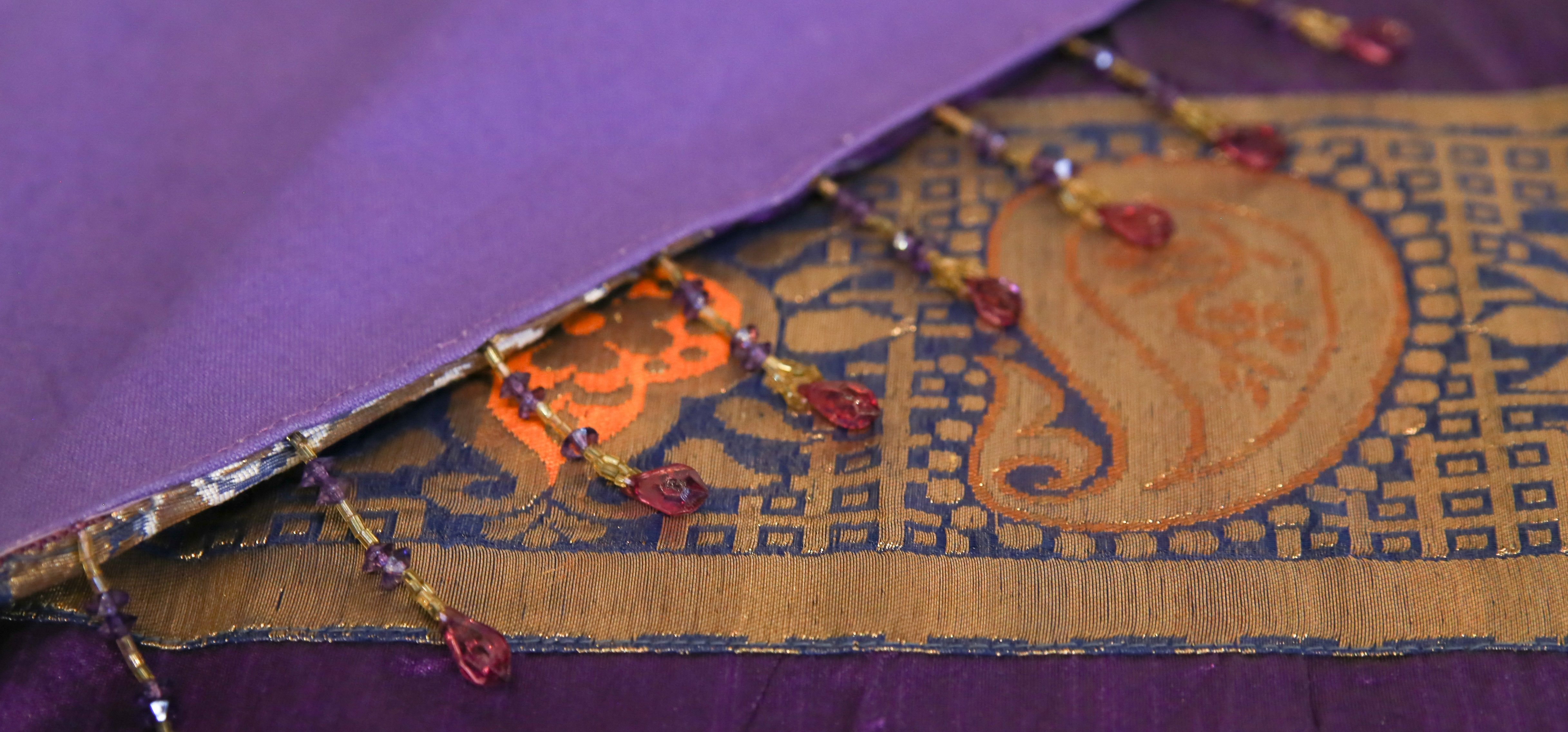 Golden Paisley Striped Purple Beaded Heritage Silk Runner