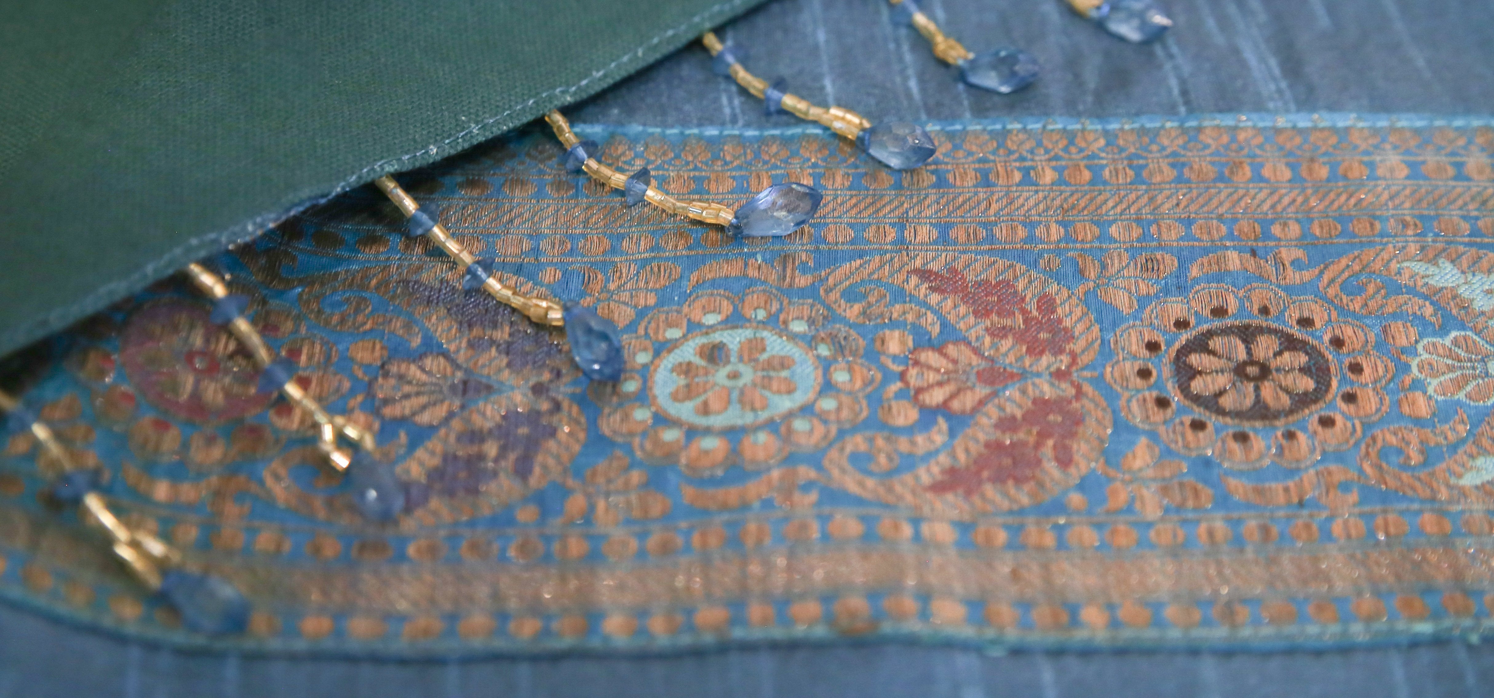 Beautiful Striped Teal Beaded Heritage Silk Runner