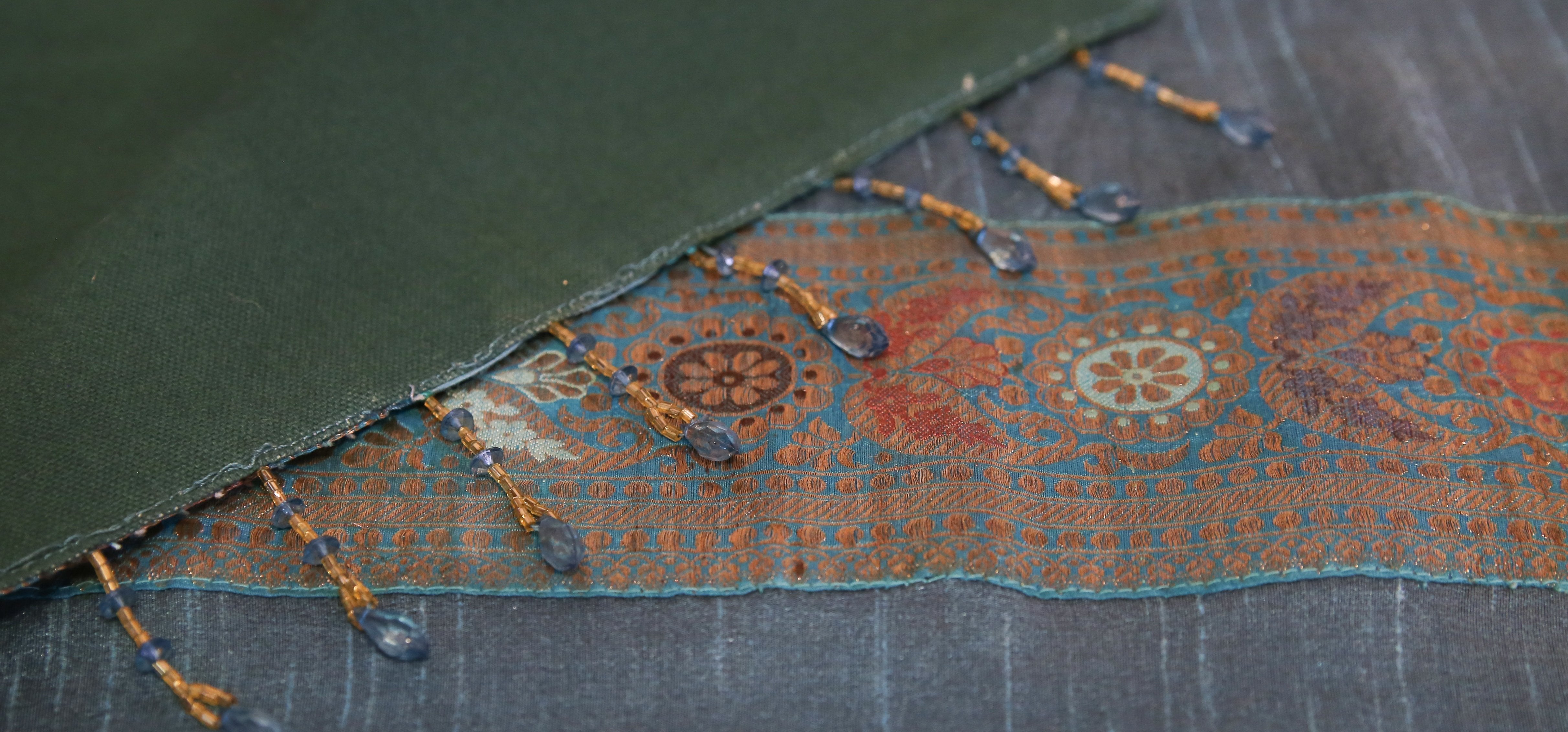 Lovely Striped Teal Beaded Heritage Silk Runner