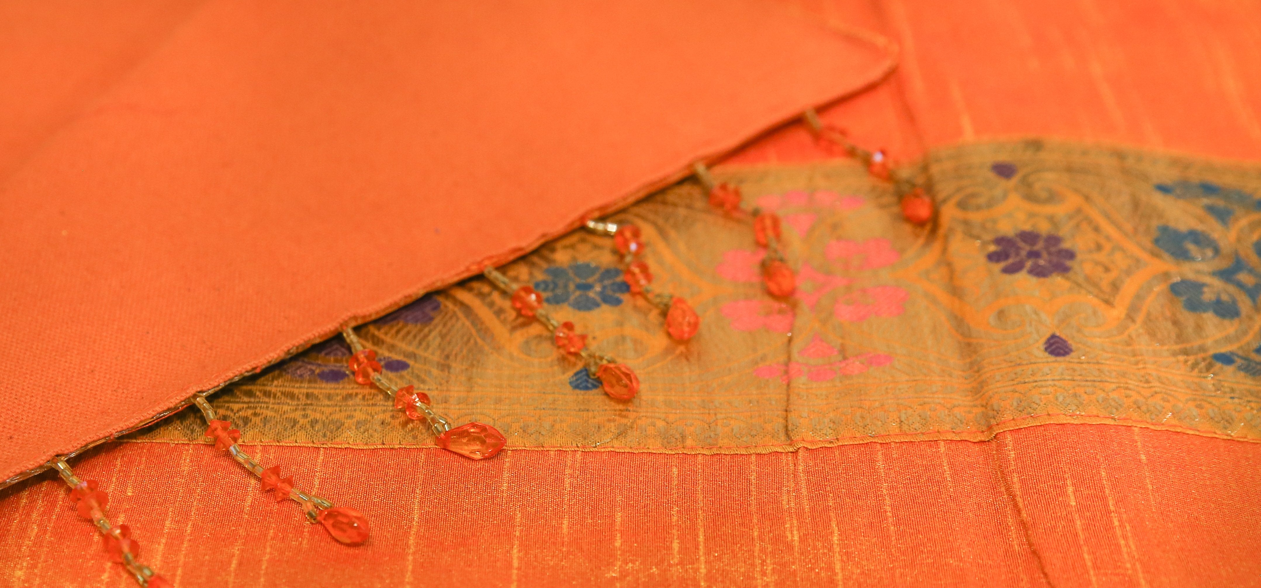 Stunning Orange Striped Beaded Heritage Silk Runner
