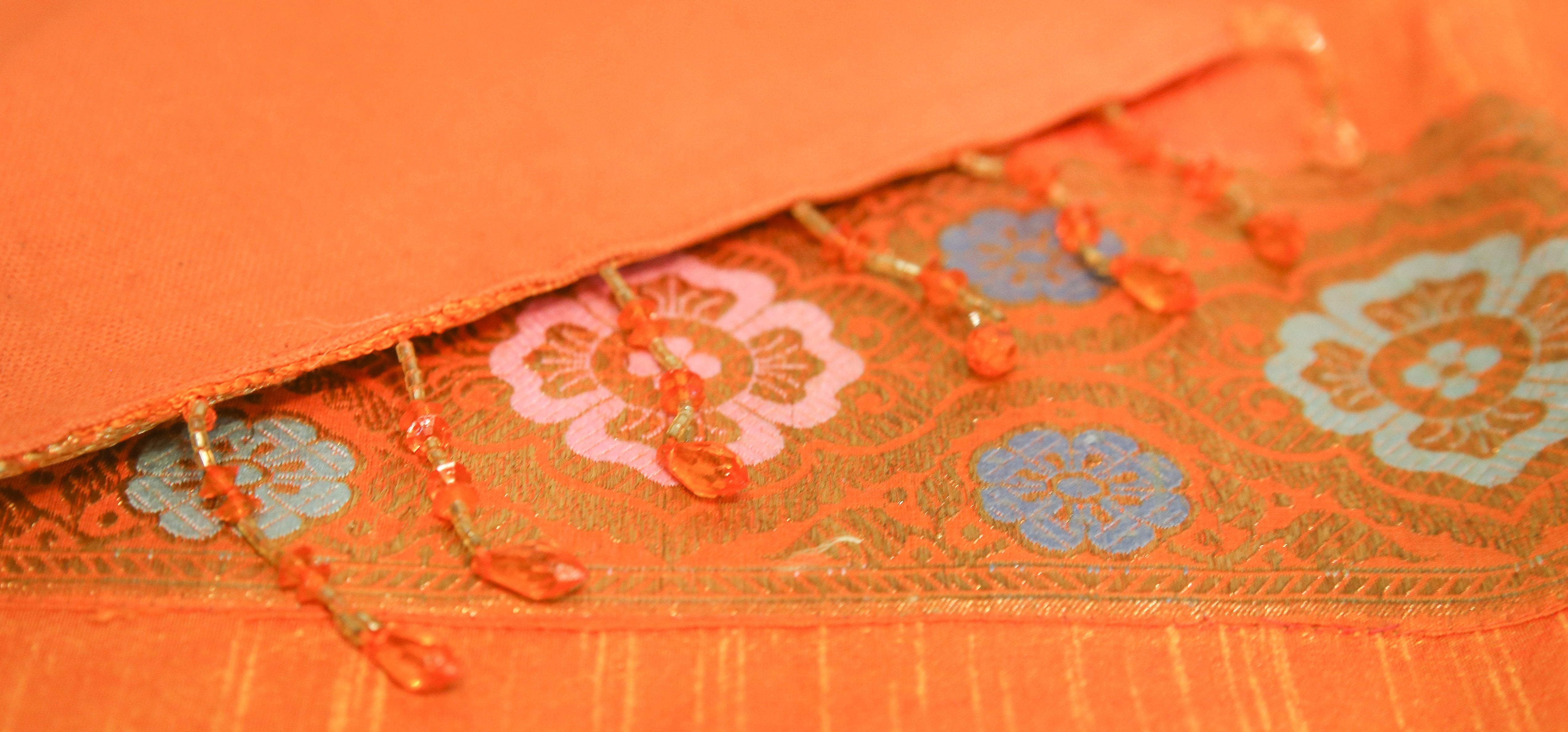 Orange Flowered Striped Beaded Heritage Silk Runner