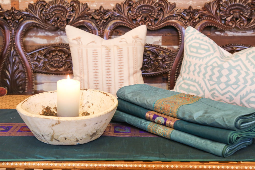 Beautiful Striped Teal Beaded Heritage Silk Runner