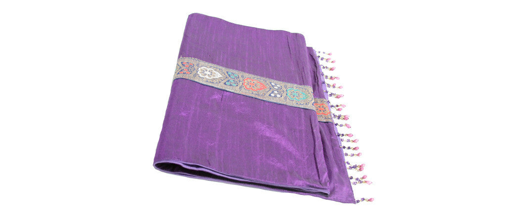 Floral Striped Purple Beaded Heritage Silk Runner