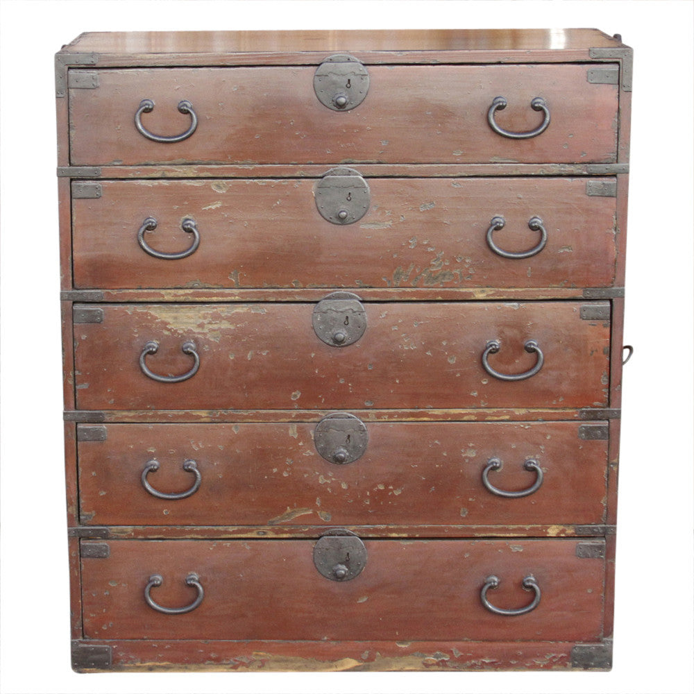 Red Lacquered Japanese Tansu Dresser
