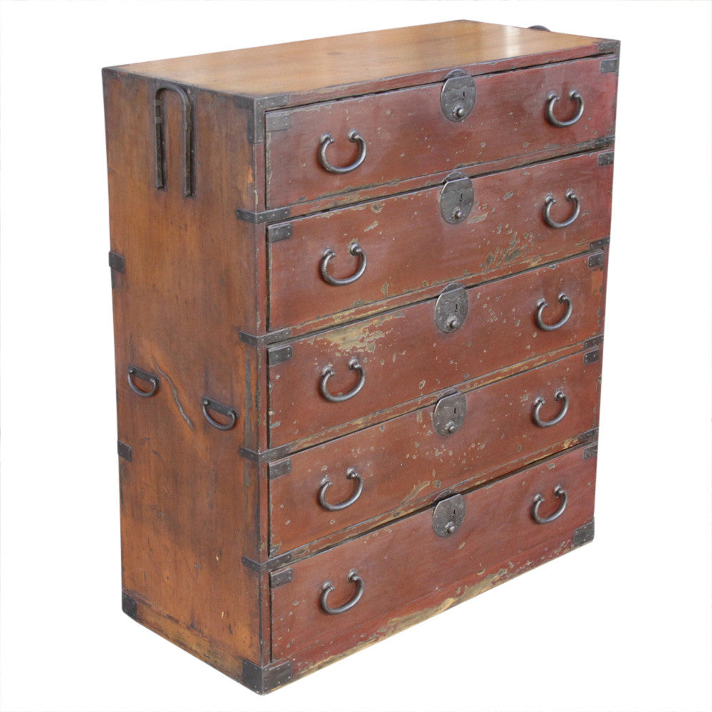 Red Lacquered Japanese Tansu Dresser
