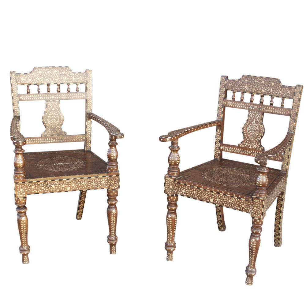 Royal Anglo Indian Bone Inlay Chairs, Pair