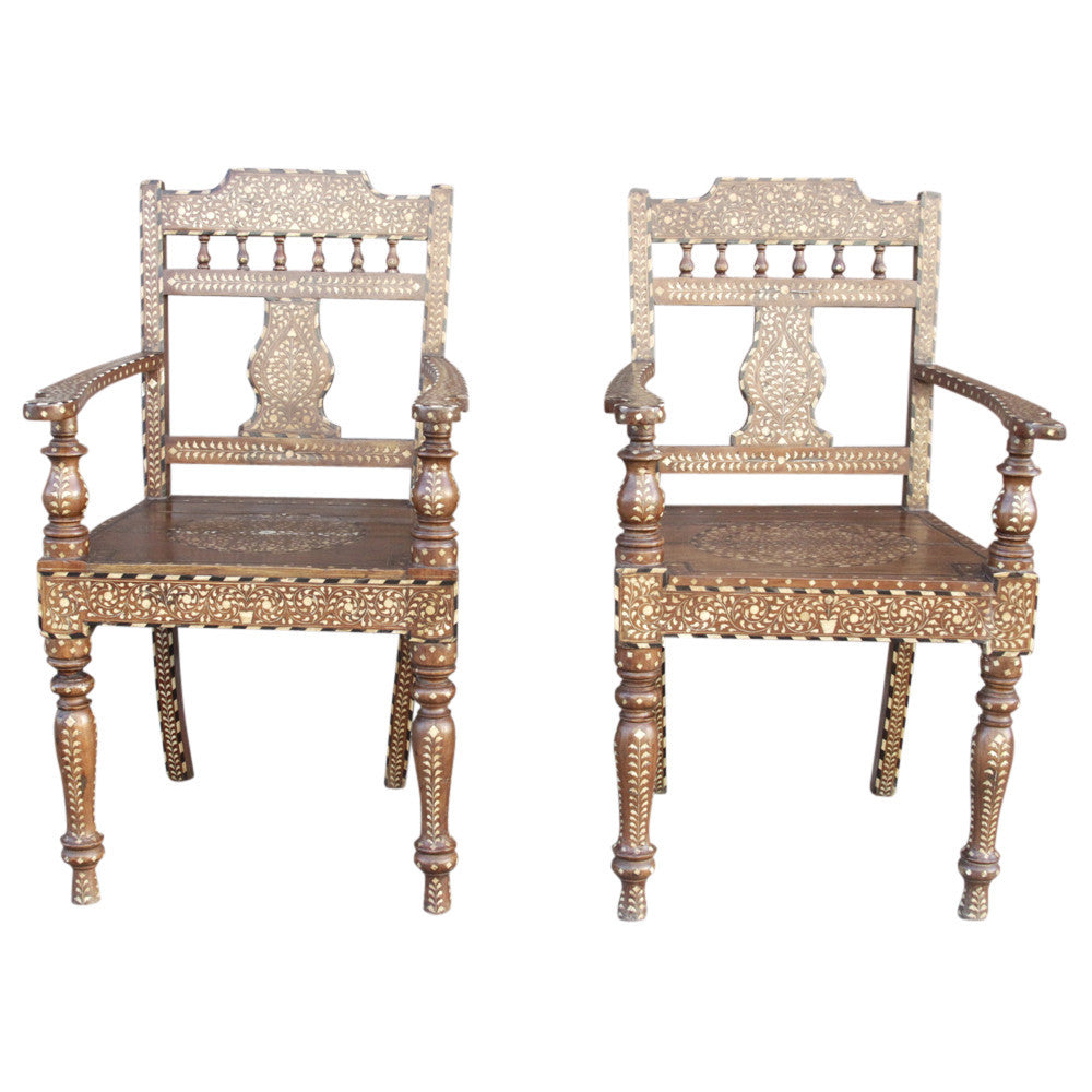 Royal Anglo Indian Bone Inlay Chairs, Pair