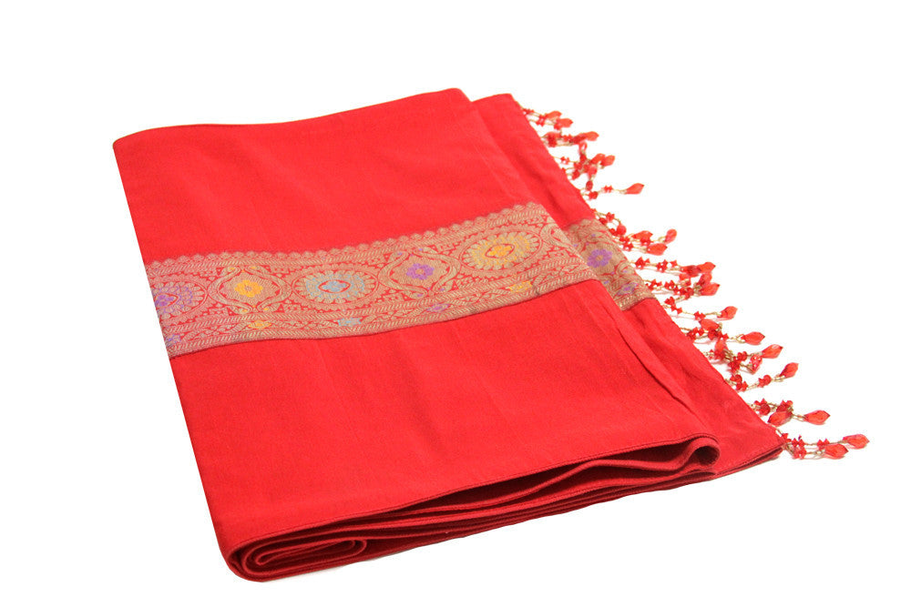 Floral Striped Red Beaded Heritage Silk Runner