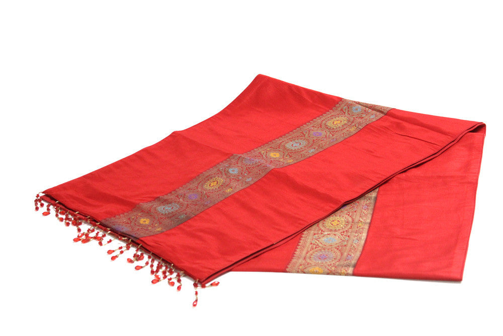 Floral Striped Red Beaded Heritage Silk Runner