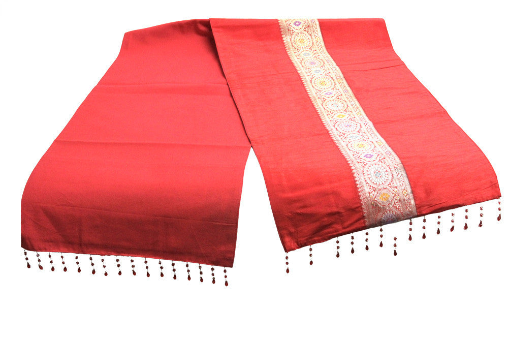 Floral Striped Red Beaded Heritage Silk Runner