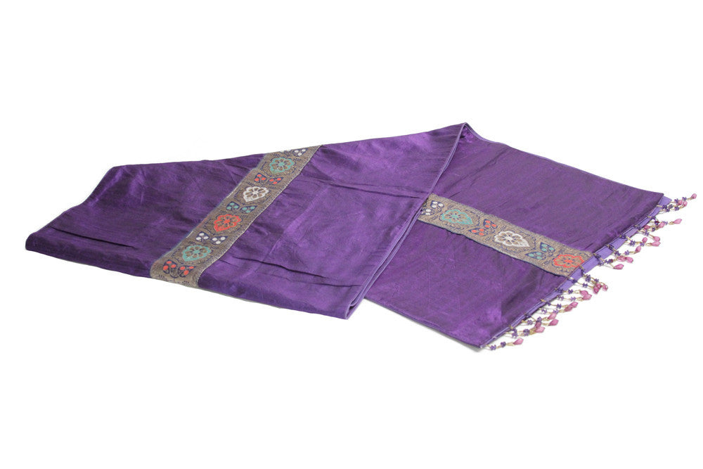 Floral Striped Purple Beaded Heritage Silk Runner