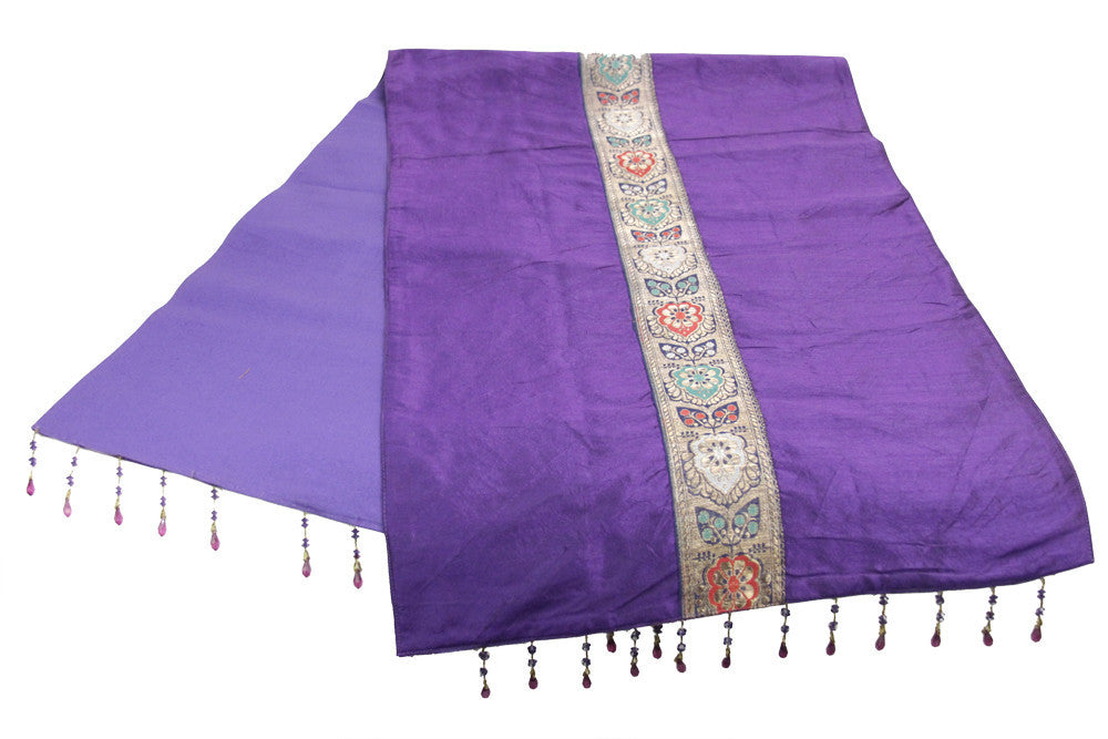 Floral Striped Purple Beaded Heritage Silk Runner