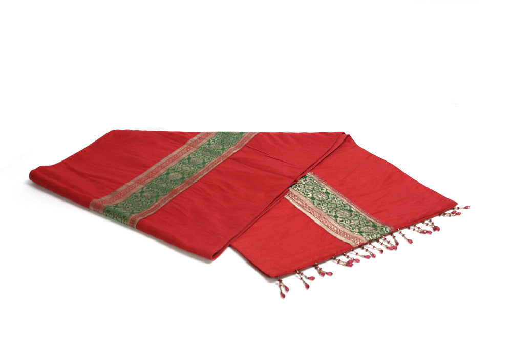 Brocade Striped Red Beaded Heritage Silk Runner