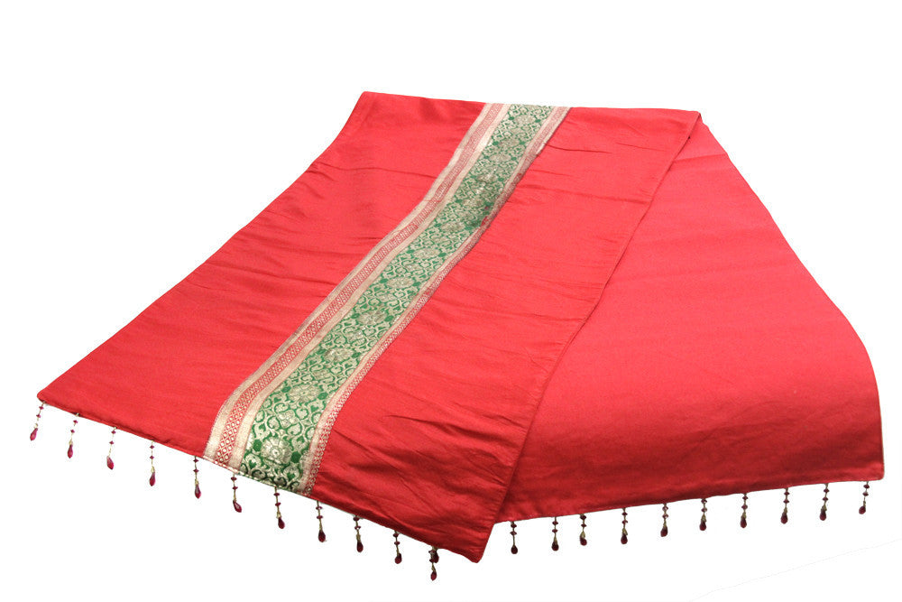 Brocade Striped Red Beaded Heritage Silk Runner