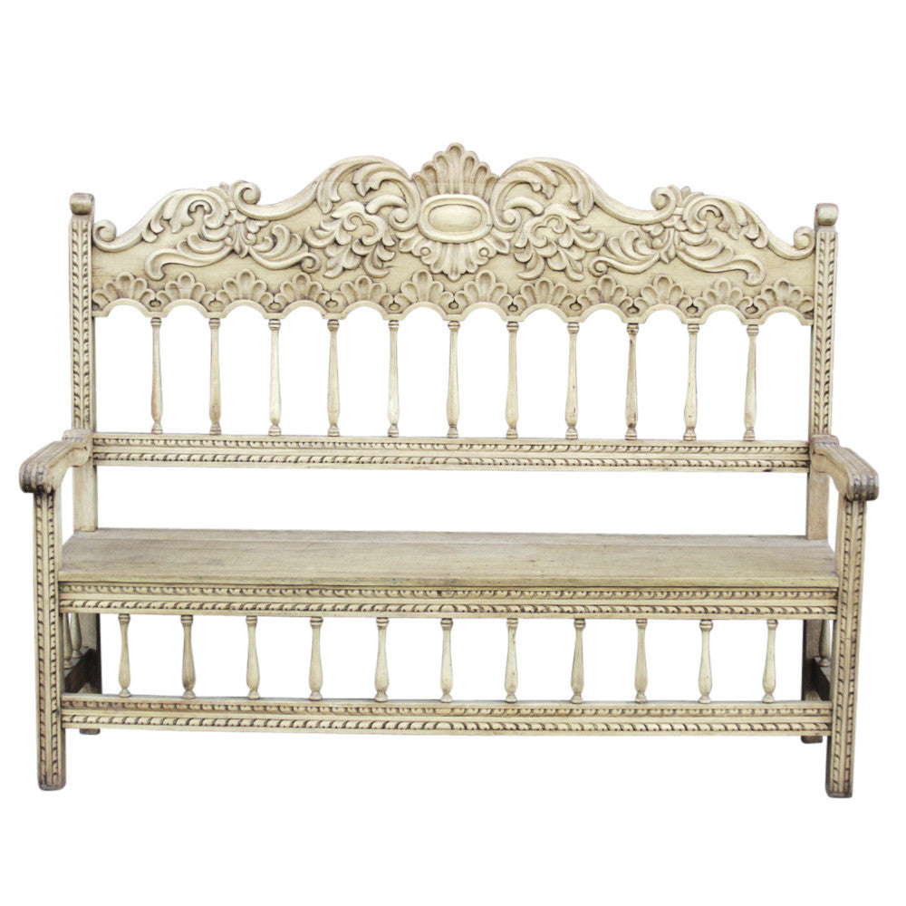 Peruvian Bleached Carved High Back Bench