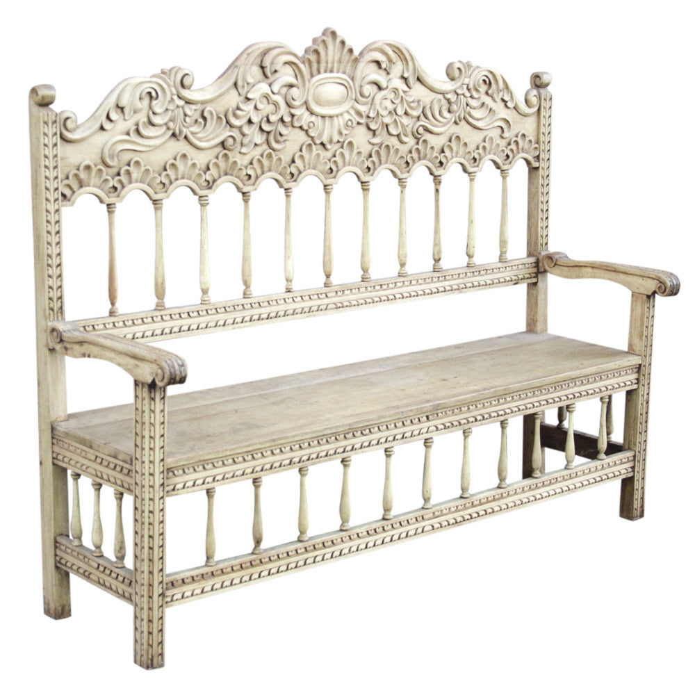 Peruvian Bleached Carved High Back Bench