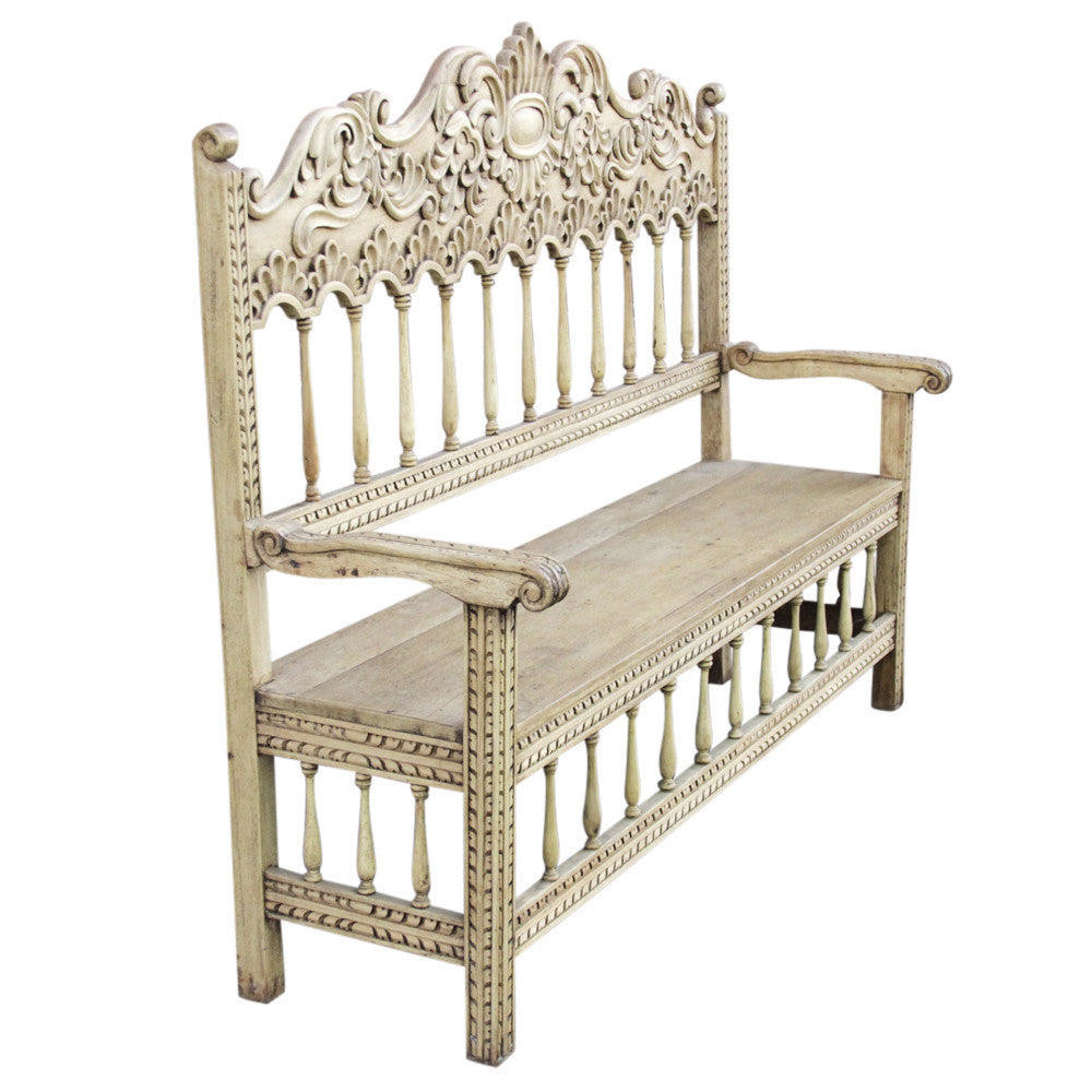 Peruvian Bleached Carved High Back Bench