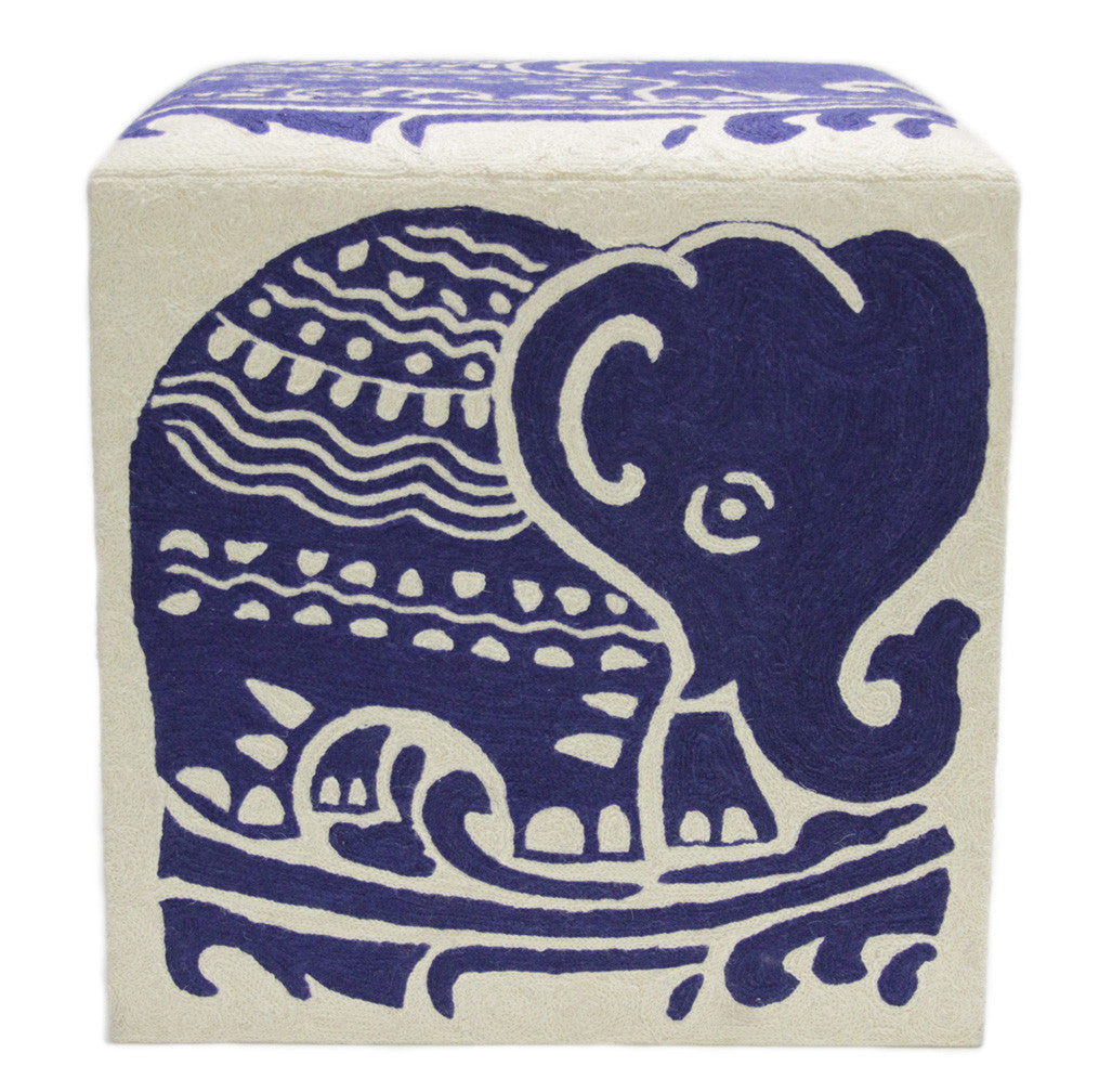 Indigo Blue Elephant Kashmiri Crewel Pouf