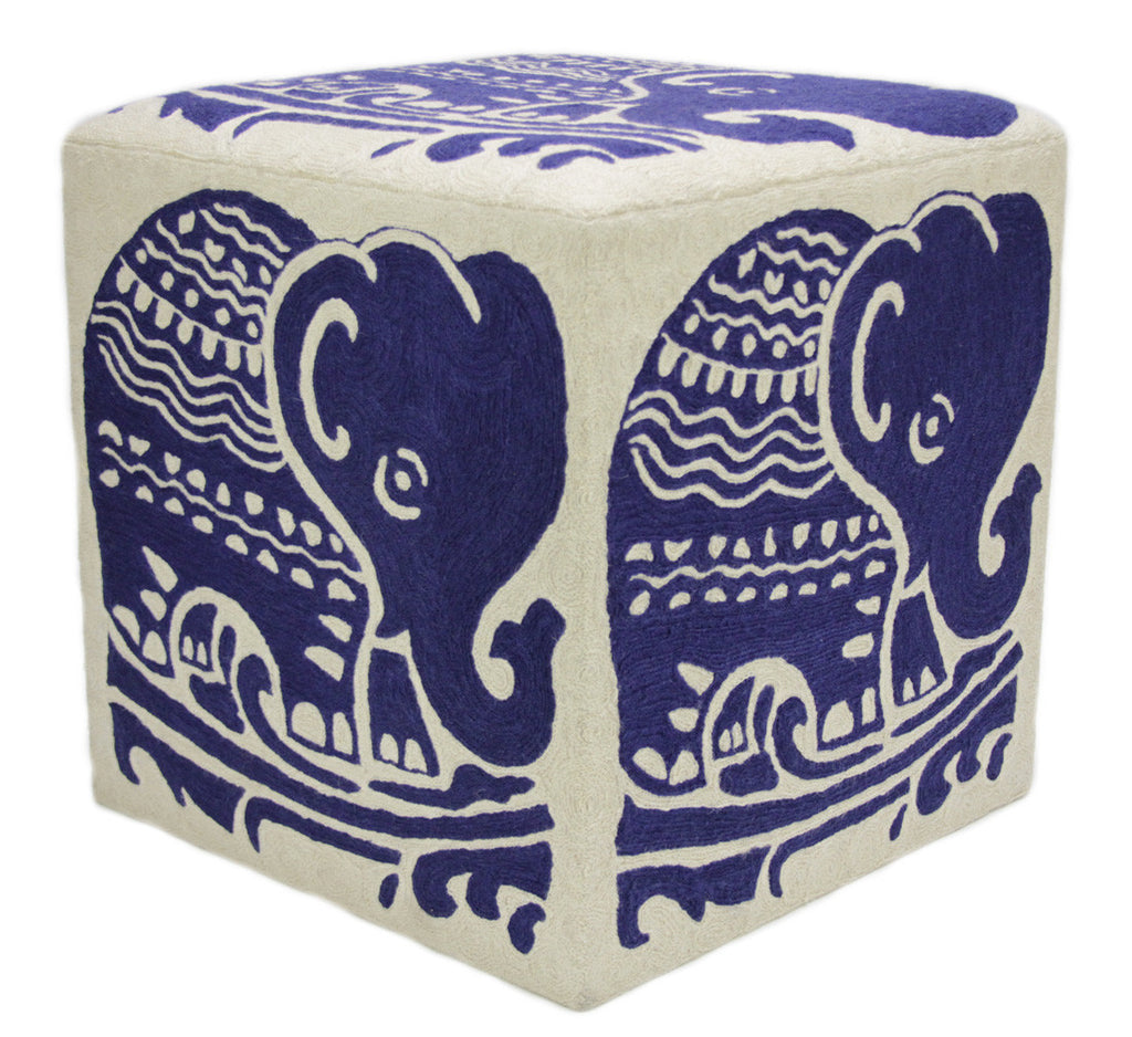 Indigo Blue Elephant Kashmiri Crewel Pouf