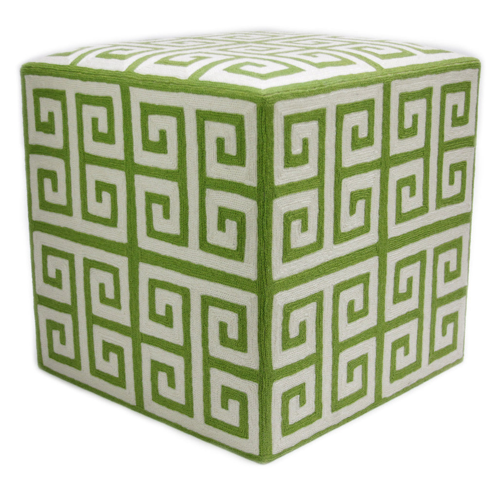 Green Greek Key Pouf