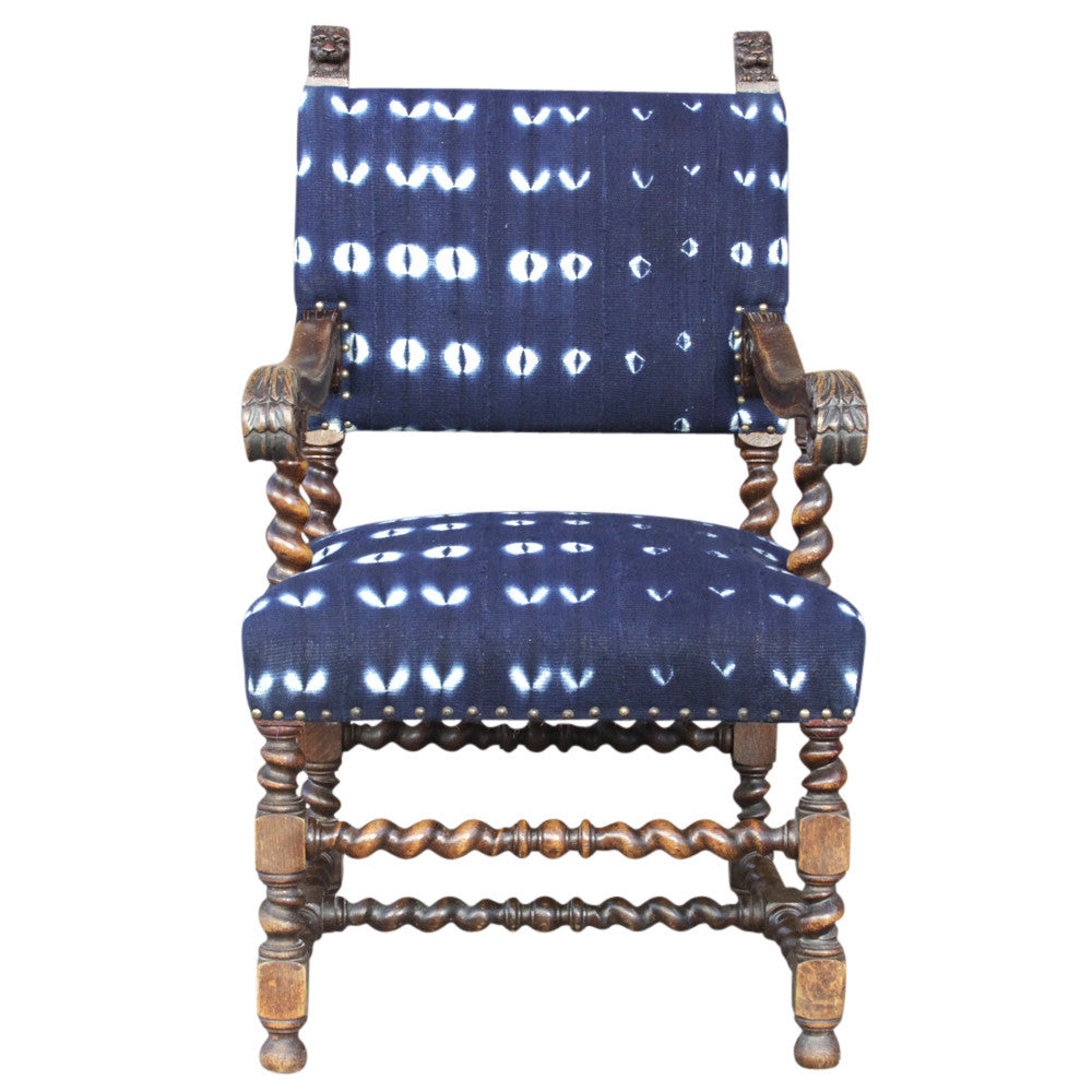 French Oak Indigo Mud Cloth Chair